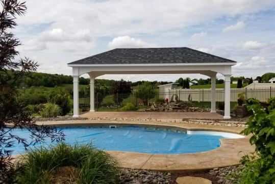 Vinyl Hip pavilion with shingled roof and electrical package