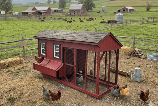red and black chicken coop in barnyard