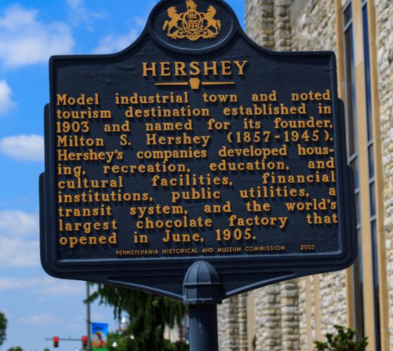Landmark sign in Hershey, PA citing historic information