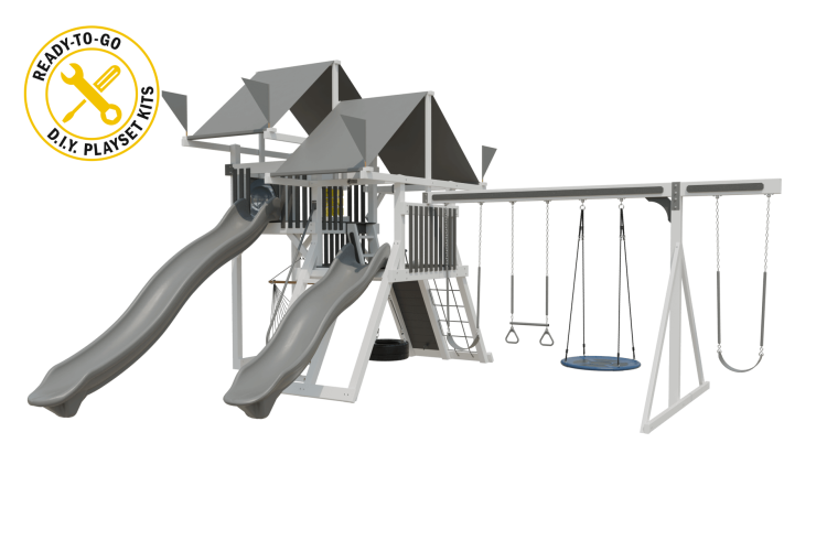 Mega Climber 55 vinyl playset white and gray with 6 swings, 2 slides, cargo net, and a ladder