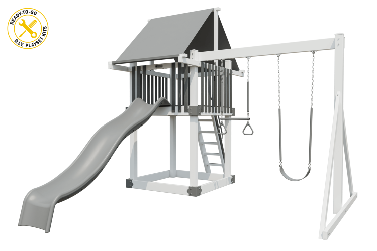 Moderate 55 vinyl playset white and gray with 2 swings, 1 slide, and a ladder