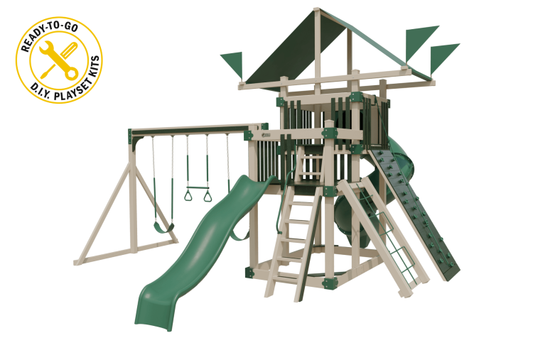 Super 59 vinyl playset almond and green with 3 swings, 2 slides, cargo net, and a ladder